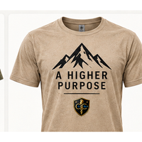 Load image into Gallery viewer, Sand A Higher Purpose Tee with mountain graphic and Centurion Covenant crest