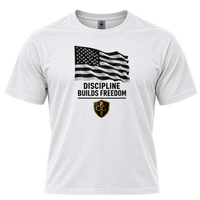 Load image into Gallery viewer, Discipline Builds Freedom design on a white athletic tee with a waving US flag and small Centurion shield