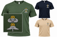 Load image into Gallery viewer, Military FreeFall and Static Line JumpMaster tee in green, navy, and cream with boxed two-badge close-up