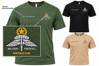 Load image into Gallery viewer, Military FreeFall Instructor tee in green, black, and cream with boxed badge detail and sample personalization