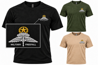 Load image into Gallery viewer, Black Military FreeFall Jumpmaster tee with boxed close-up of the single star-and-wreath badge, military green and tan shirts alongside