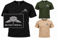 Load image into Gallery viewer, Black Military FreeFall Parachutist Badge tee with a boxed badge close-up, alongside military green and tan tees