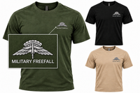 Load image into Gallery viewer, Military FreeFall tee in green, black, and sand with a boxed close-up of the green shirt badge