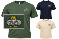 Load image into Gallery viewer, Static Line JumpMaster tee in green, navy, and cream with boxed badge close-up